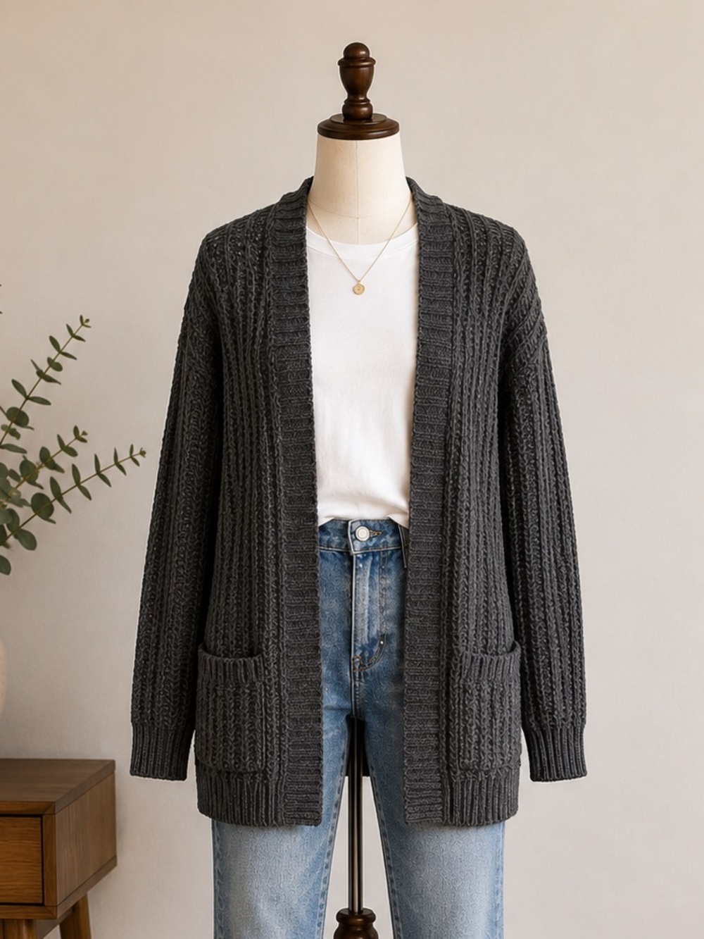 American Eagle Charcoal Long Open Knit Duster Cardigan Cozy Oversized Medium